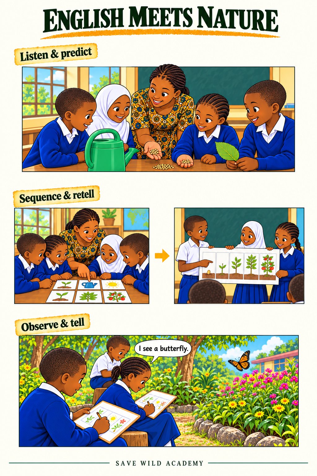 English poster showing listening and prediction, sequencing a plant story, and describing a butterfly outdoors
