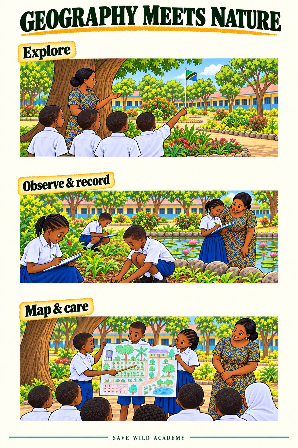 Geography poster showing exploration of school grounds, recording soil and plants, and presenting a picture map