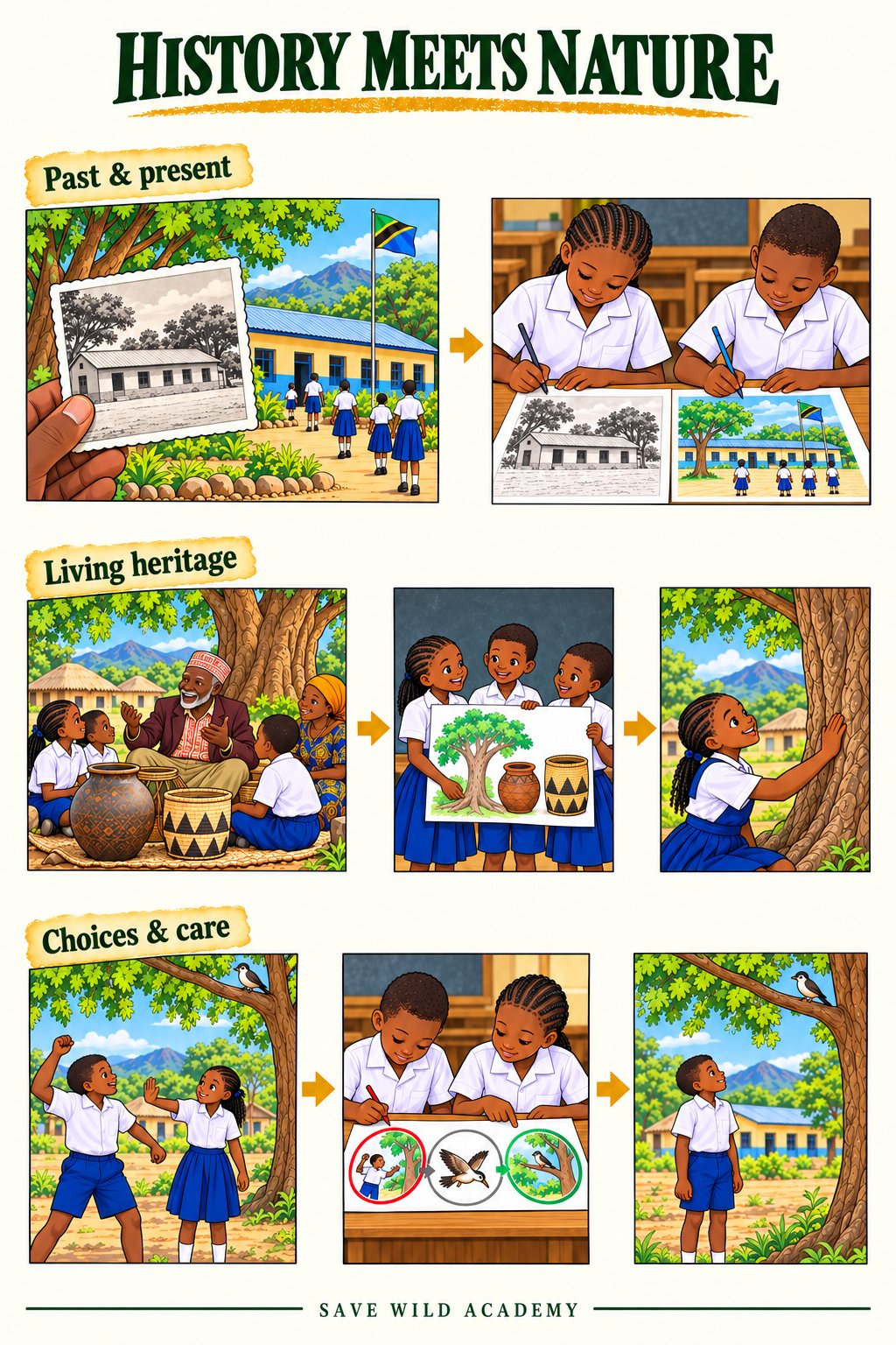 History poster showing past and present school grounds, community heritage and children protecting a bird
