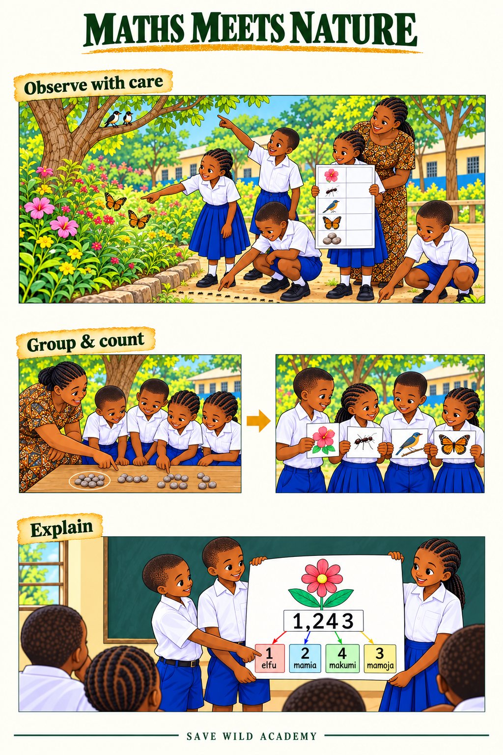 Mathematics poster showing careful garden observation, grouping and counting, and explaining place value