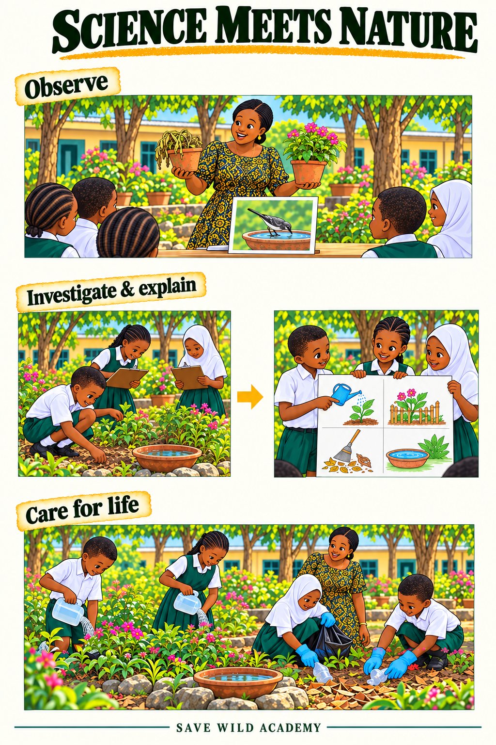 Science poster showing healthy and wilted plants, investigation of a garden, and supervised watering and litter collection